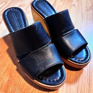 Bernardo Black Leather Mules with Wooden Wedge